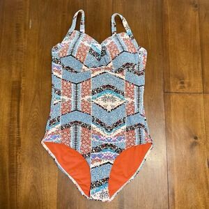 Sunseeker One Piece Swimsuit Womens Size 12 Blue Orange White Patchwork Boho